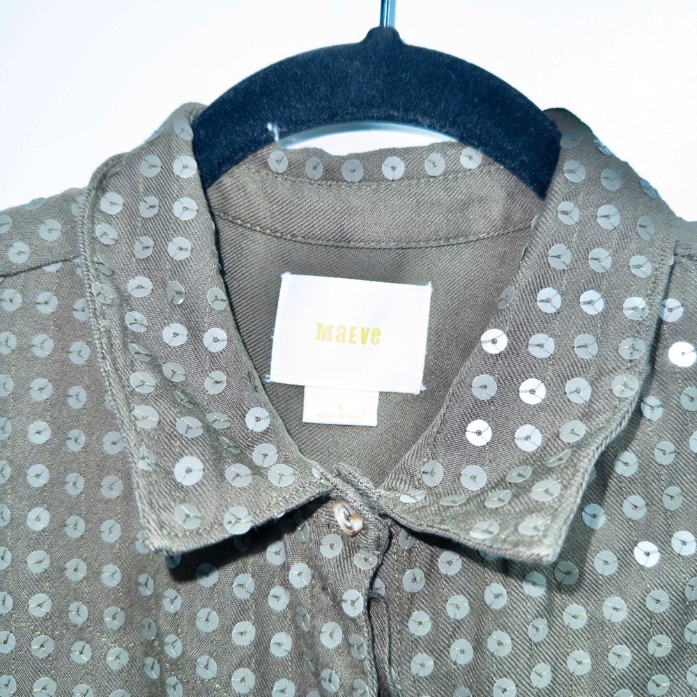 Maeve Anthropologie Olive Green Arwa Sequin Button Up Top Size Small - Picture 5 of 9